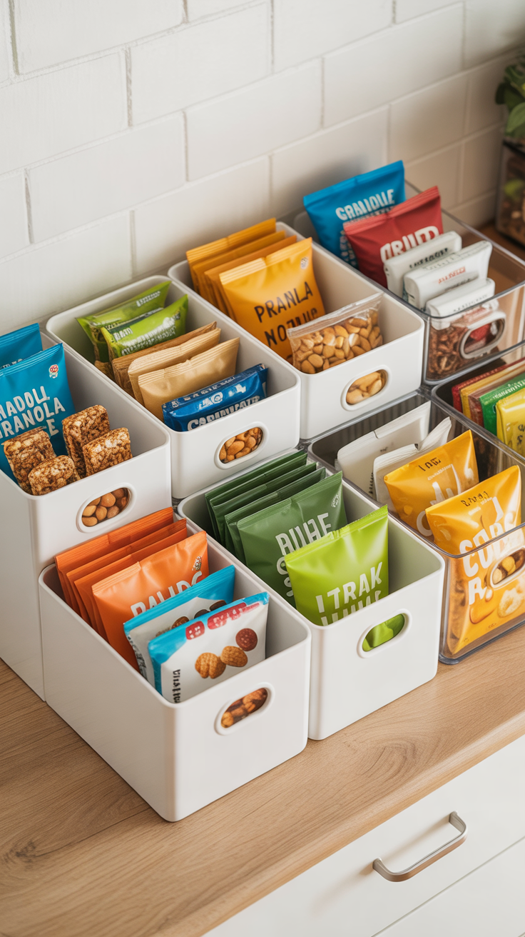 open bins holding organized grab-and-go snacks