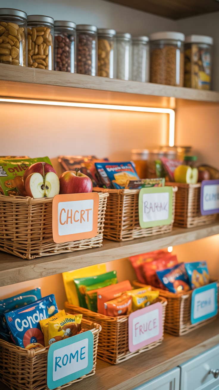 personal snack baskets for children in a pantry