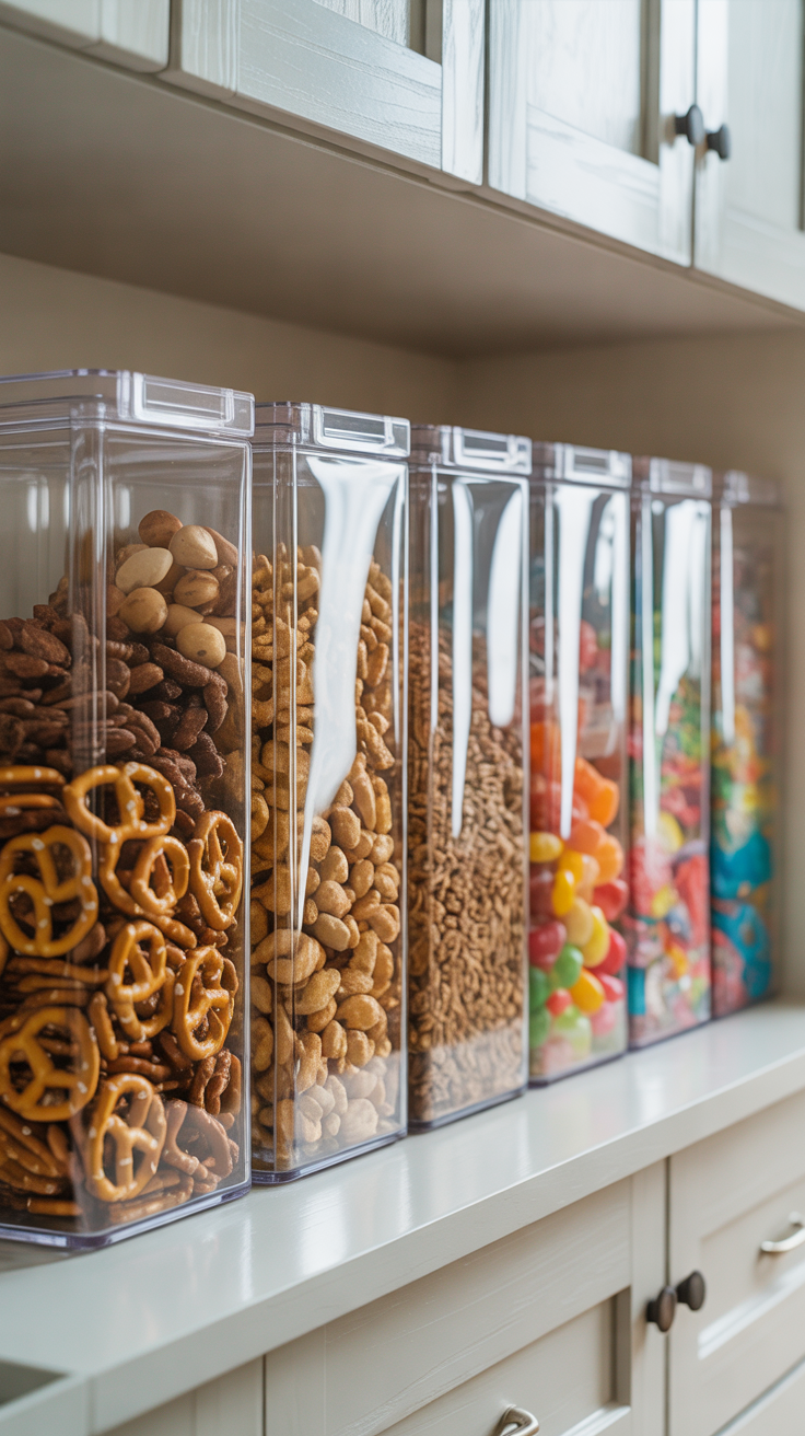clear bins showing visible pantry snacks