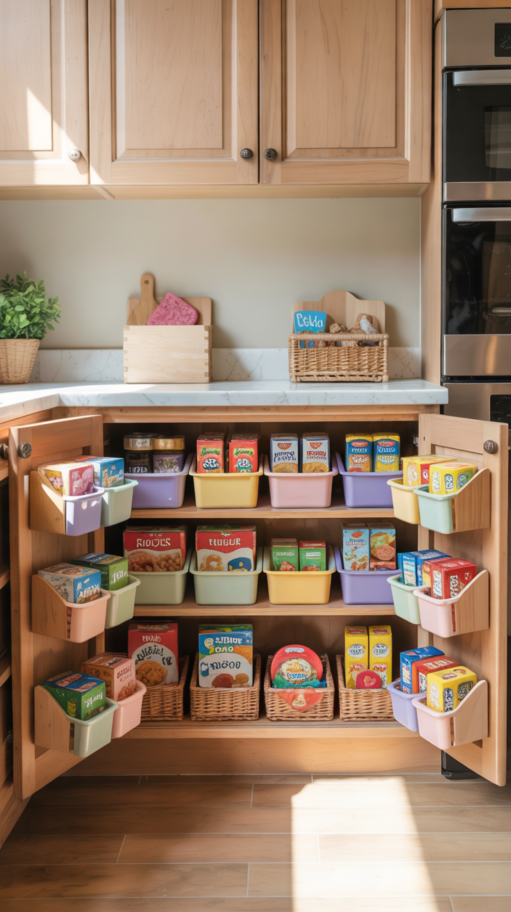 lower cabinet converted into a mini kids pantry