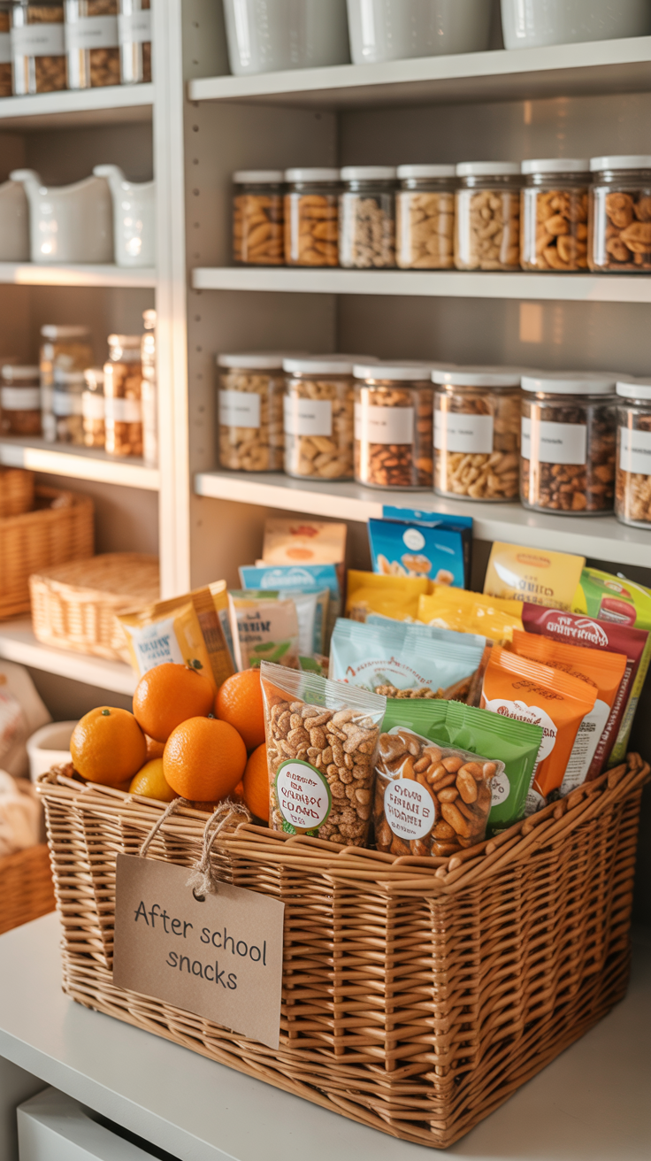 after-school snack basket in an organized pantry