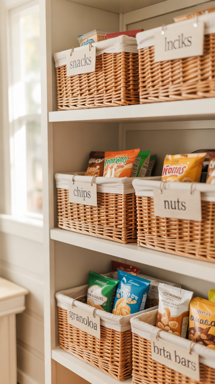 accessible pantry shelf with labeled snack baskets