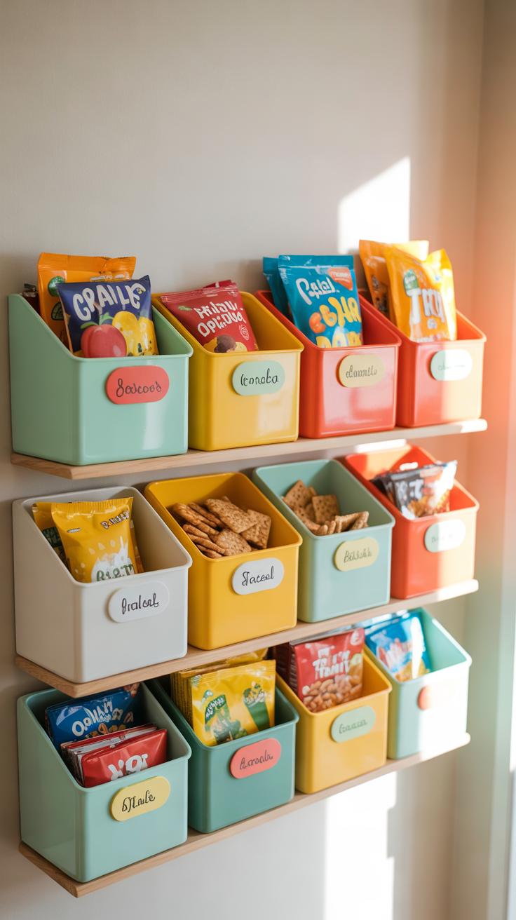 dedicated kids snack shelf with open bins