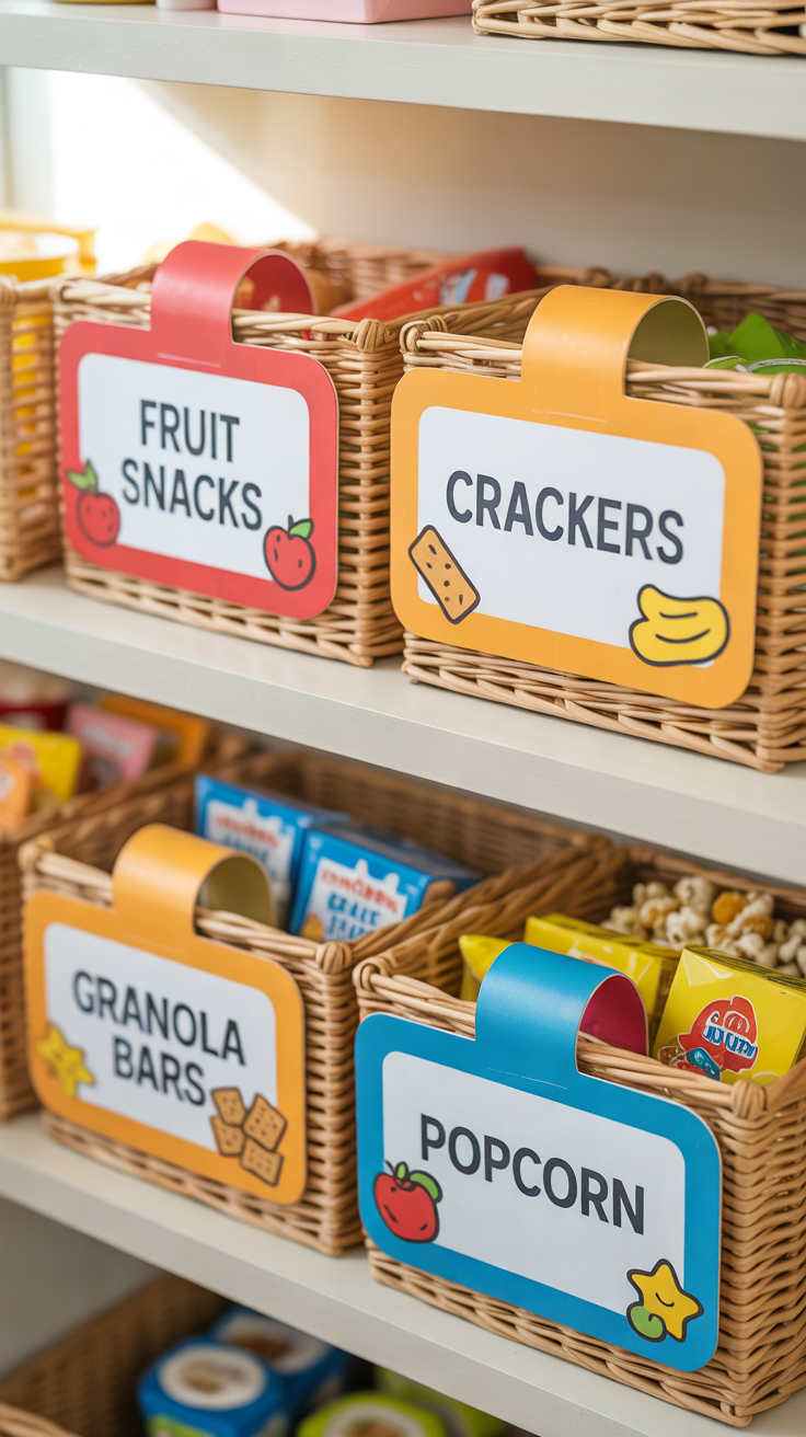 picture labels on pantry snack baskets for children