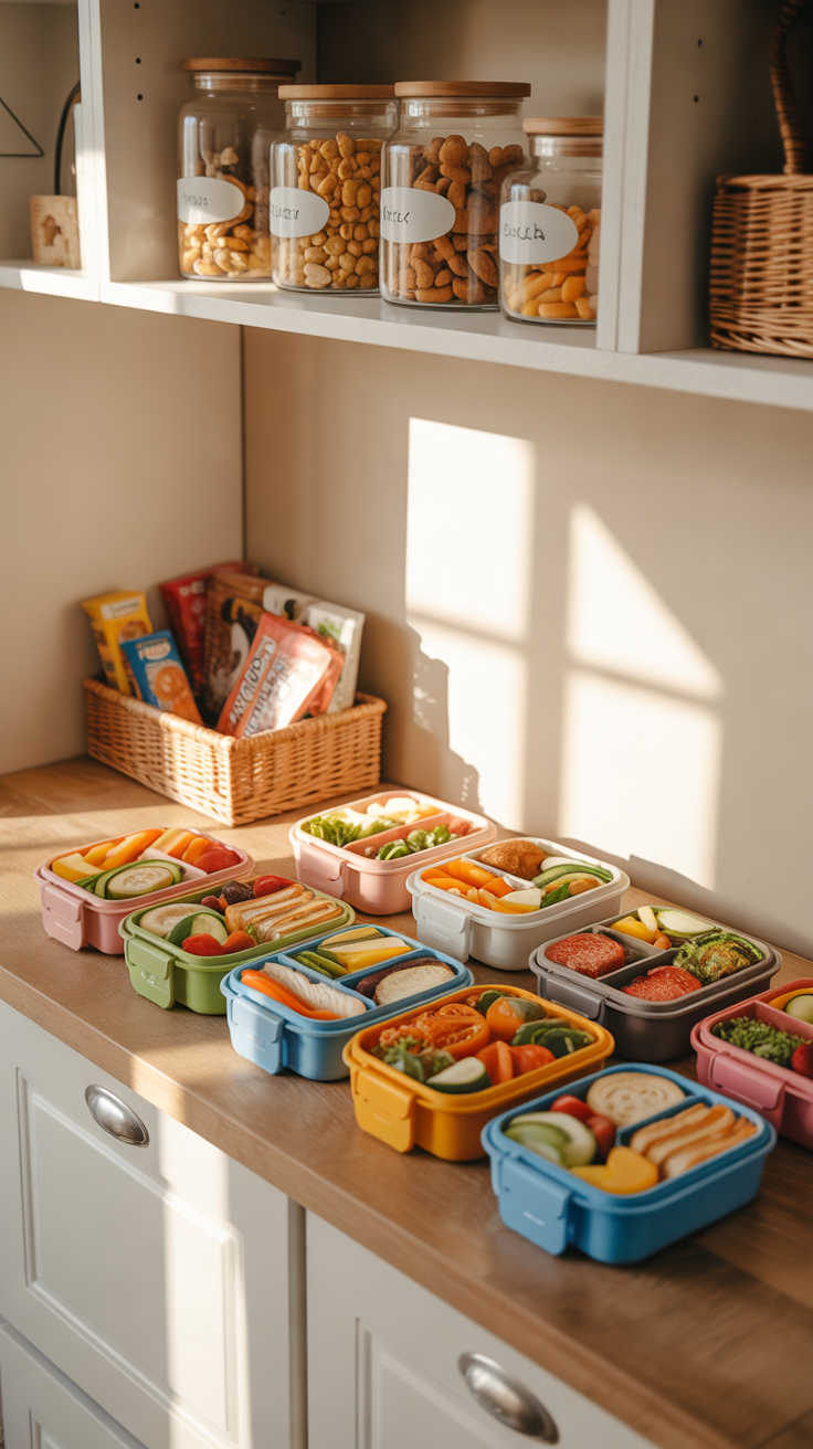 organized lunchbox packing station in a pantry