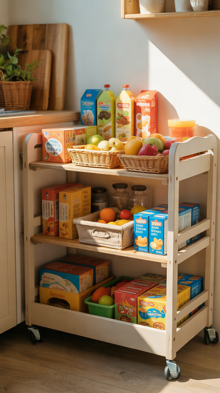 small rolling cart used as a kids pantry