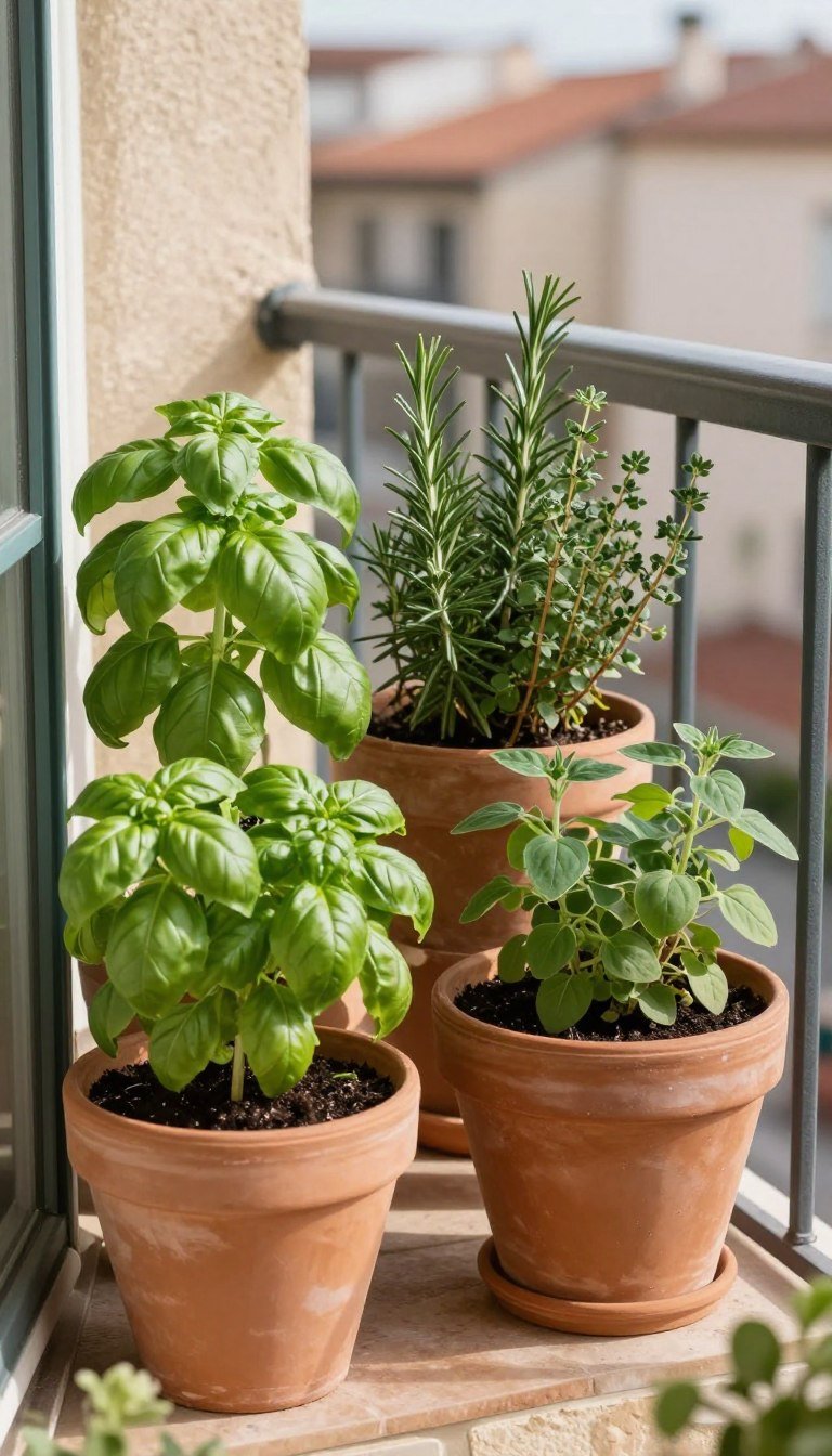 Balcony herb garden with terracotta pots filled with culinary herbs