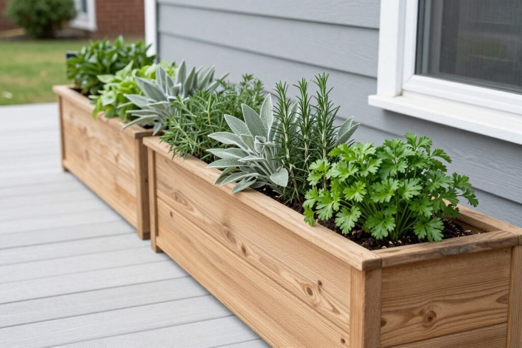 Long planter box filled with assorted culinary herbs along a deck