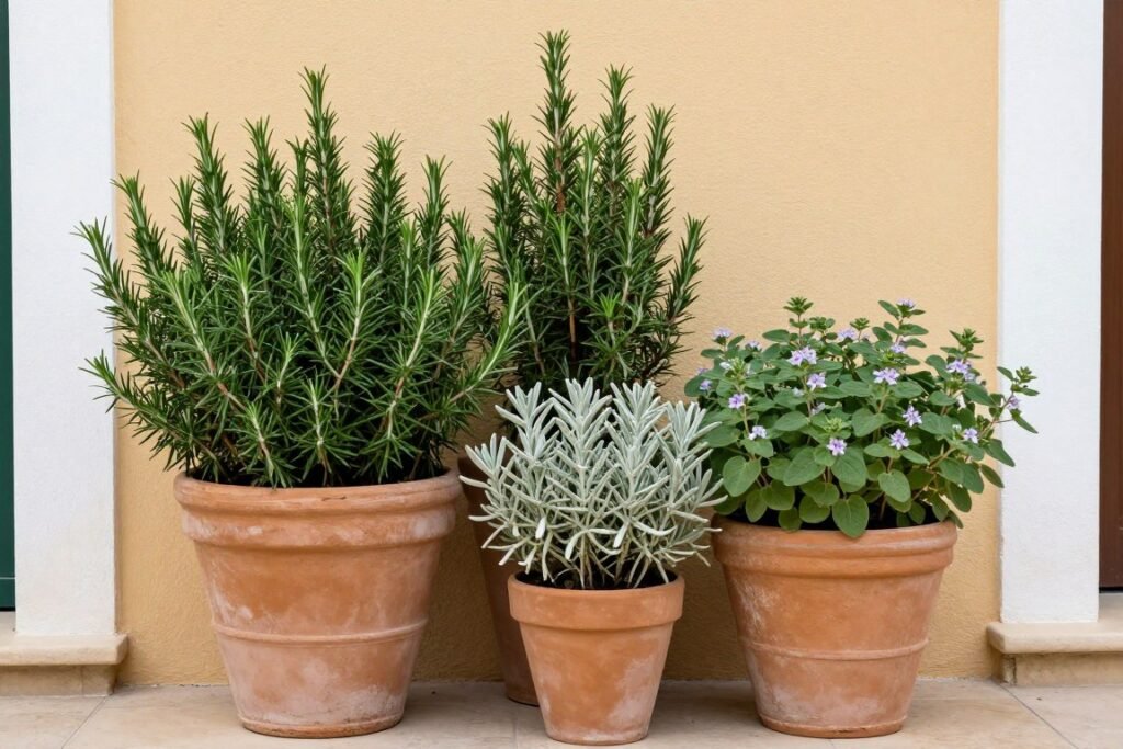 Mediterranean herb arrangement with rosemary thyme and sage in clay pots