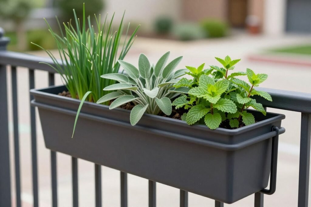 Railing planters mounted on a deck railing filled with fresh herbs
