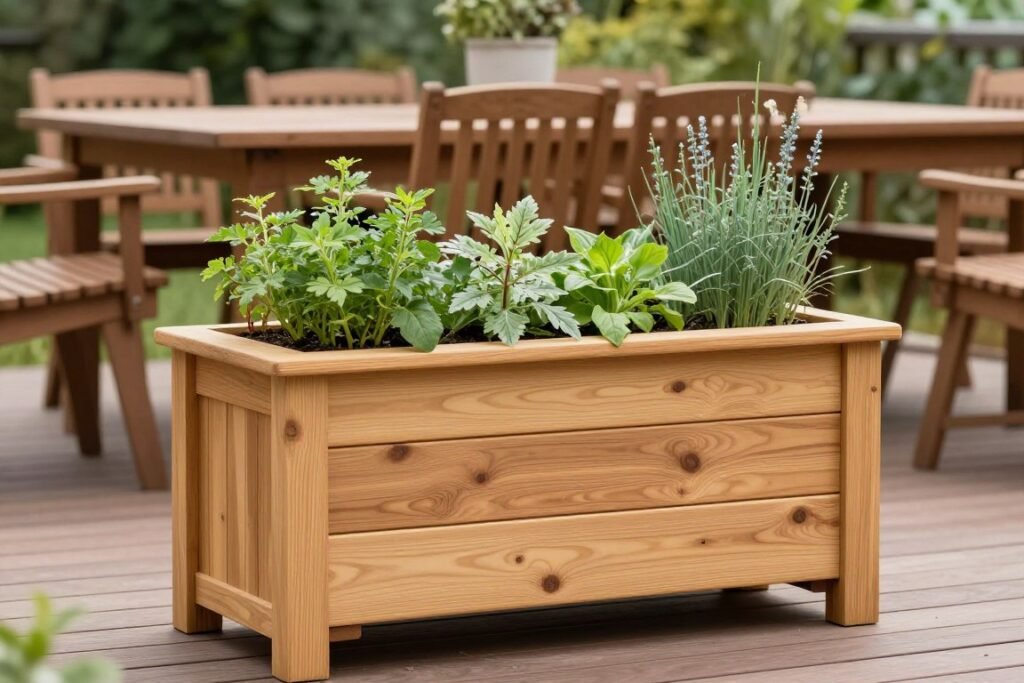 Raised herb planter box next to an outdoor deck dining table
