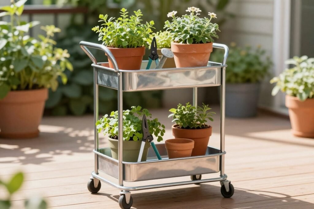Tiered mobile rolling cart with potted herbs on an outdoor deck