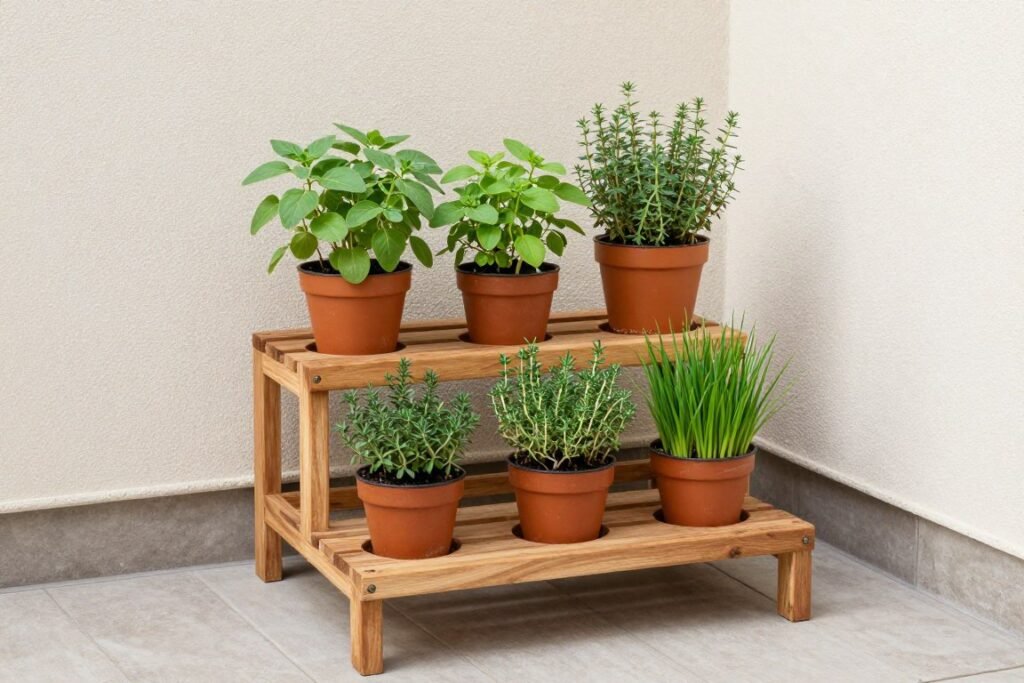 Tiered wooden plant stand in a deck corner holding herbs