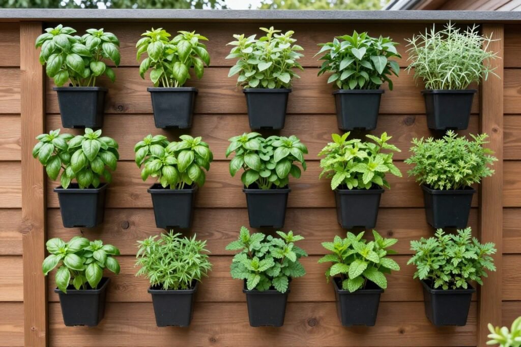 Vertical herb garden system mounted on an outdoor deck wall